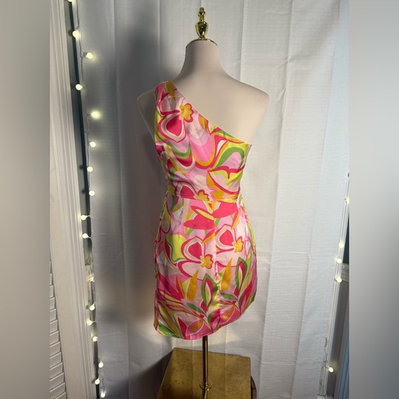 DO+BE Pink and Green Asymmetrical Ruched Cocktail Dress - Picture 2 of 9